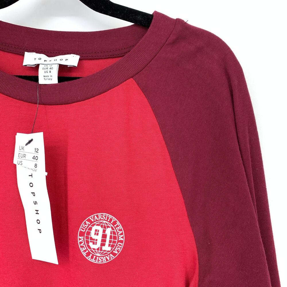 Topshop T-Shirt Women's Size 8 Varsity Long Sleeve Stretch Solid Maroon/Red NWT - Picture 3 of 6